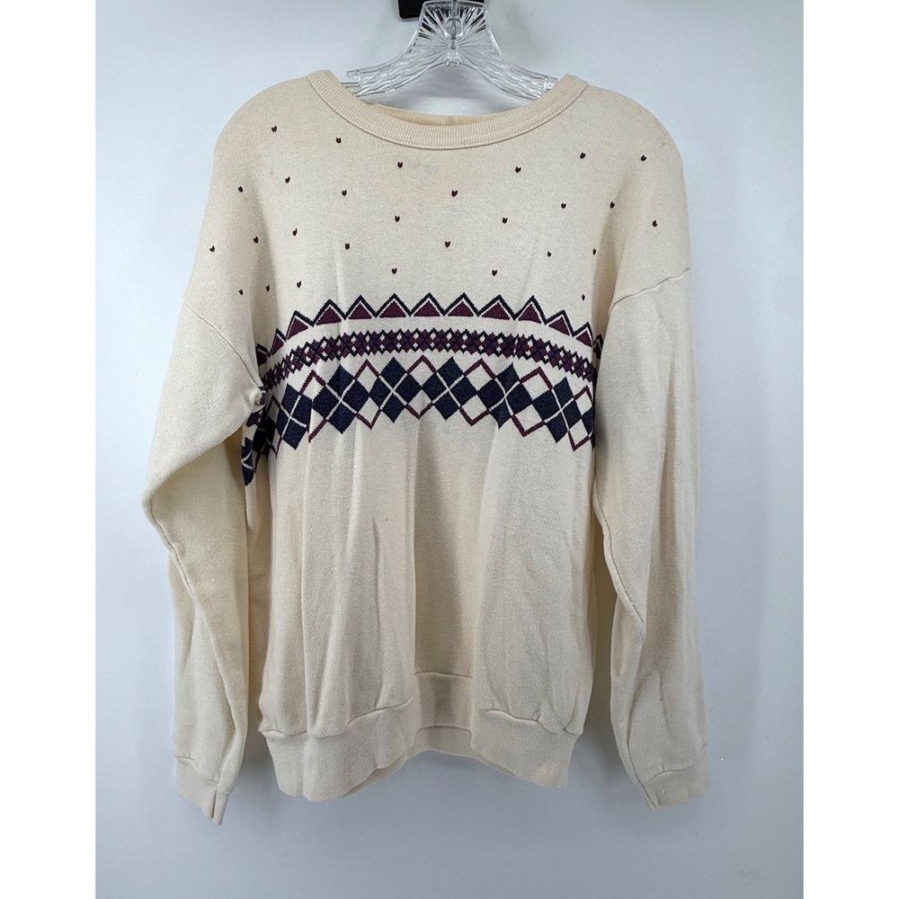 Vintage Tultex Sweatshirt Womens XL Cream Argyle Heart Fair Isle Made in USA